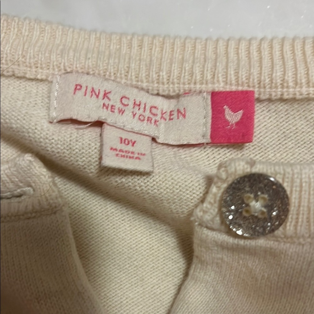 Pink Chicken Cream Cardigan with Navy Heart Pattern - Picture 2 of 4